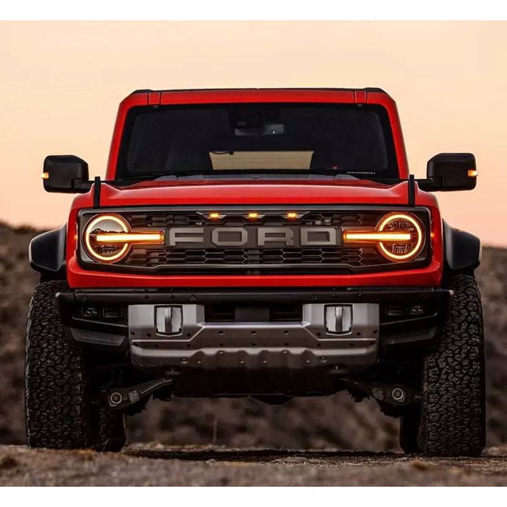 Front Grille For 2021-2023  Ford Bronco Raptor Style Bumper Grill  With LED Lights Matte Black