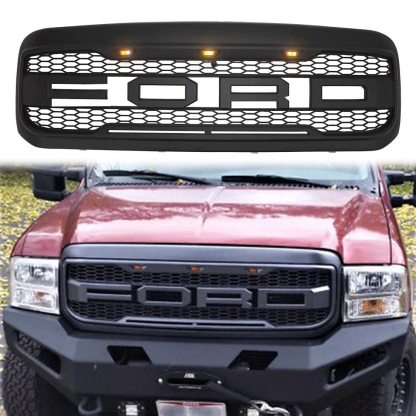 Front Grille For 1999-2004 Ford F250 F350 Super Duty Raptor Style Grill w/ LED Matte Black