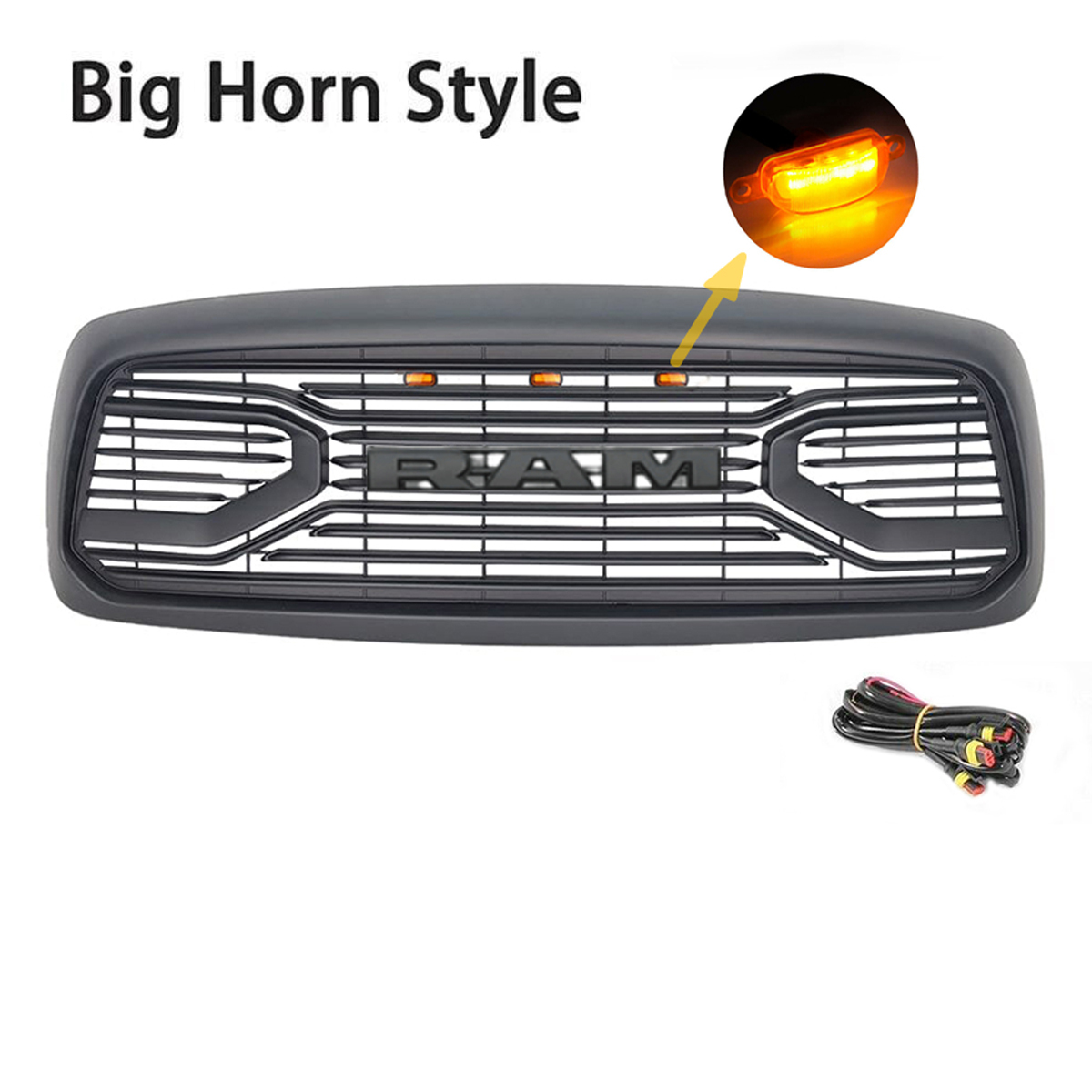 Front Grille For 2002-2005 Dodge RAM 1500 Big Horn Style Grill w/ Letters & LED Light Matte Black