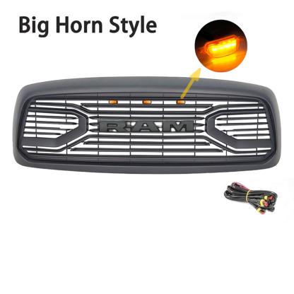 Front Grille For 2002-2005 Dodge RAM 1500 Big Horn Style Grill w/ Letters & LED Light Matte Black