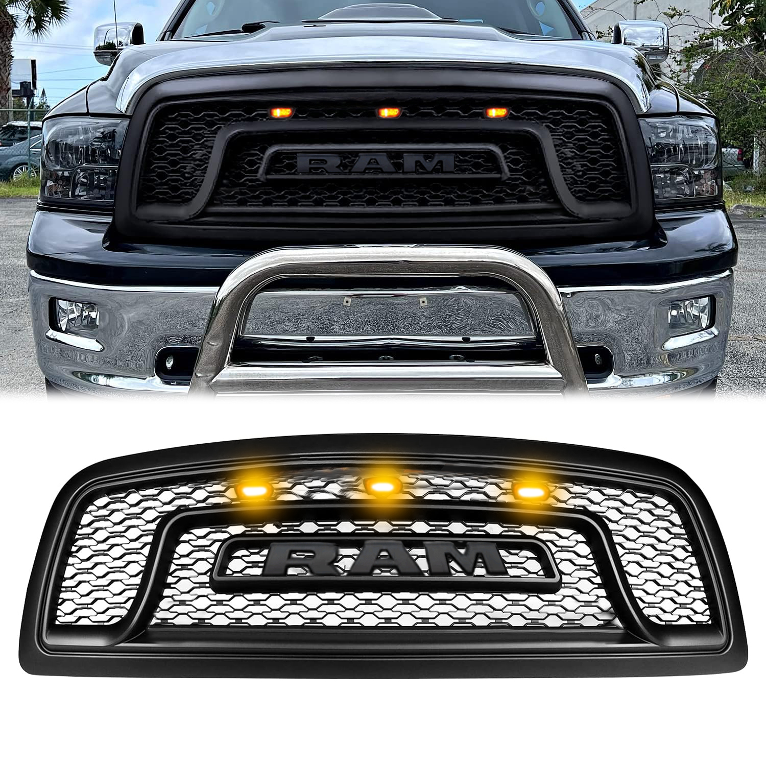 For 2009 2010 2011 2012 Dodge Ram 1500 Front Grille Rebel Style Grill with LED Light & Letter