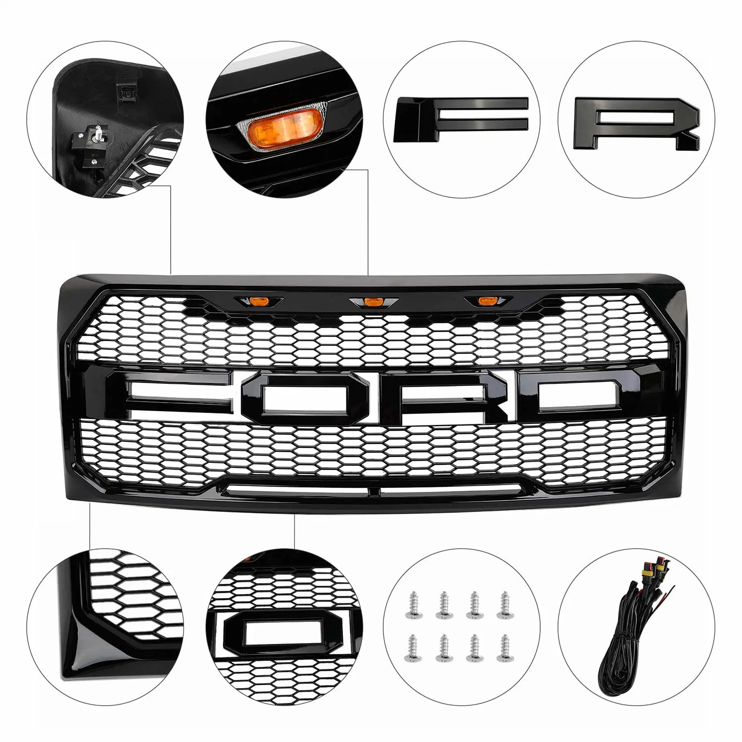 Front Grille For 2009-2014 Ford F150 Raptor Style Grill with Amber LED Light Glossy Black