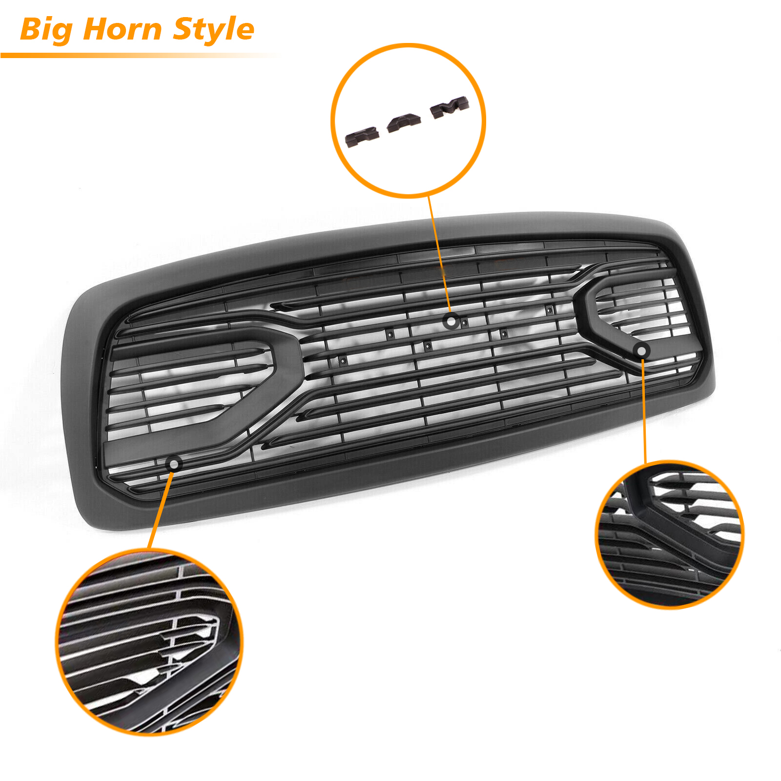 Front Grille For 2002-2005 Dodge RAM 1500 Big Horn Style Grill w/ Letters Matte Black