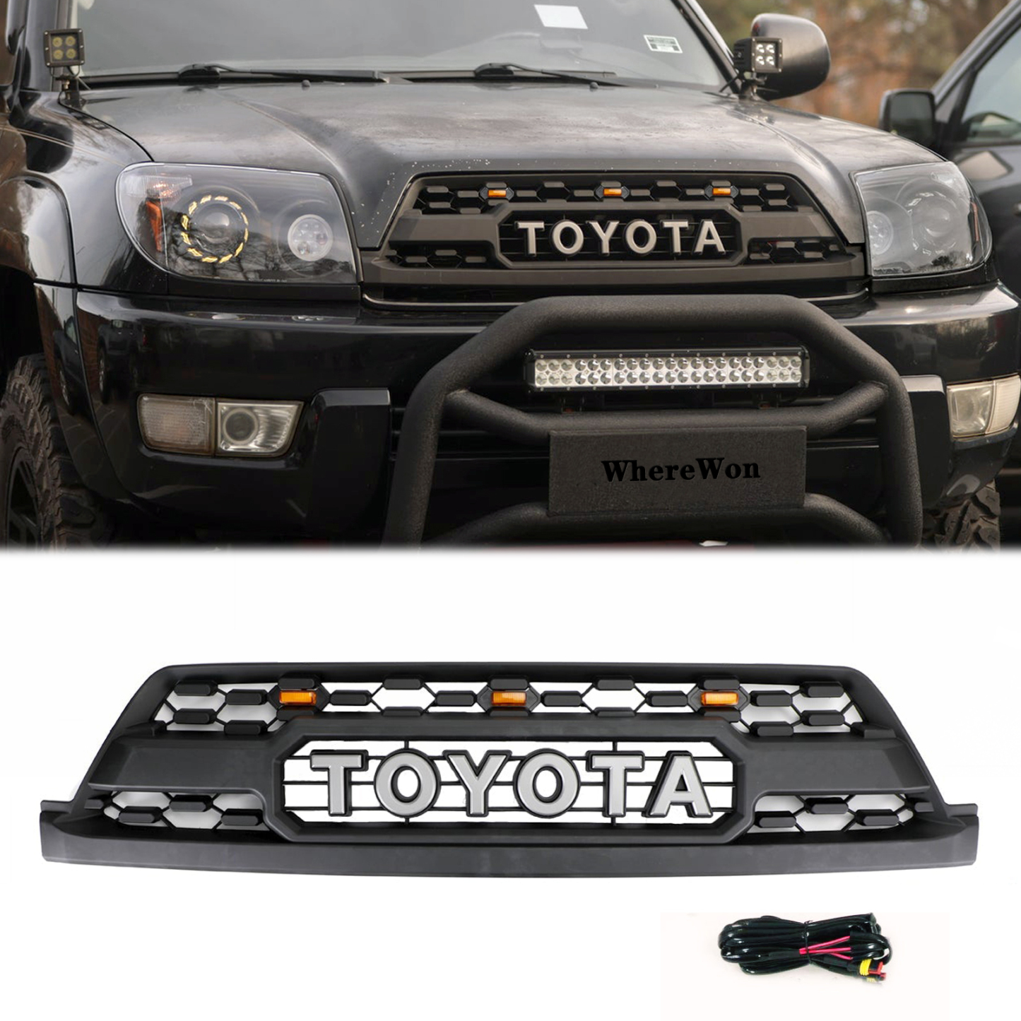 Front Grille For 2003-2005 Toyota 4Runner Grill Matte Black W/ Letters Led Lights