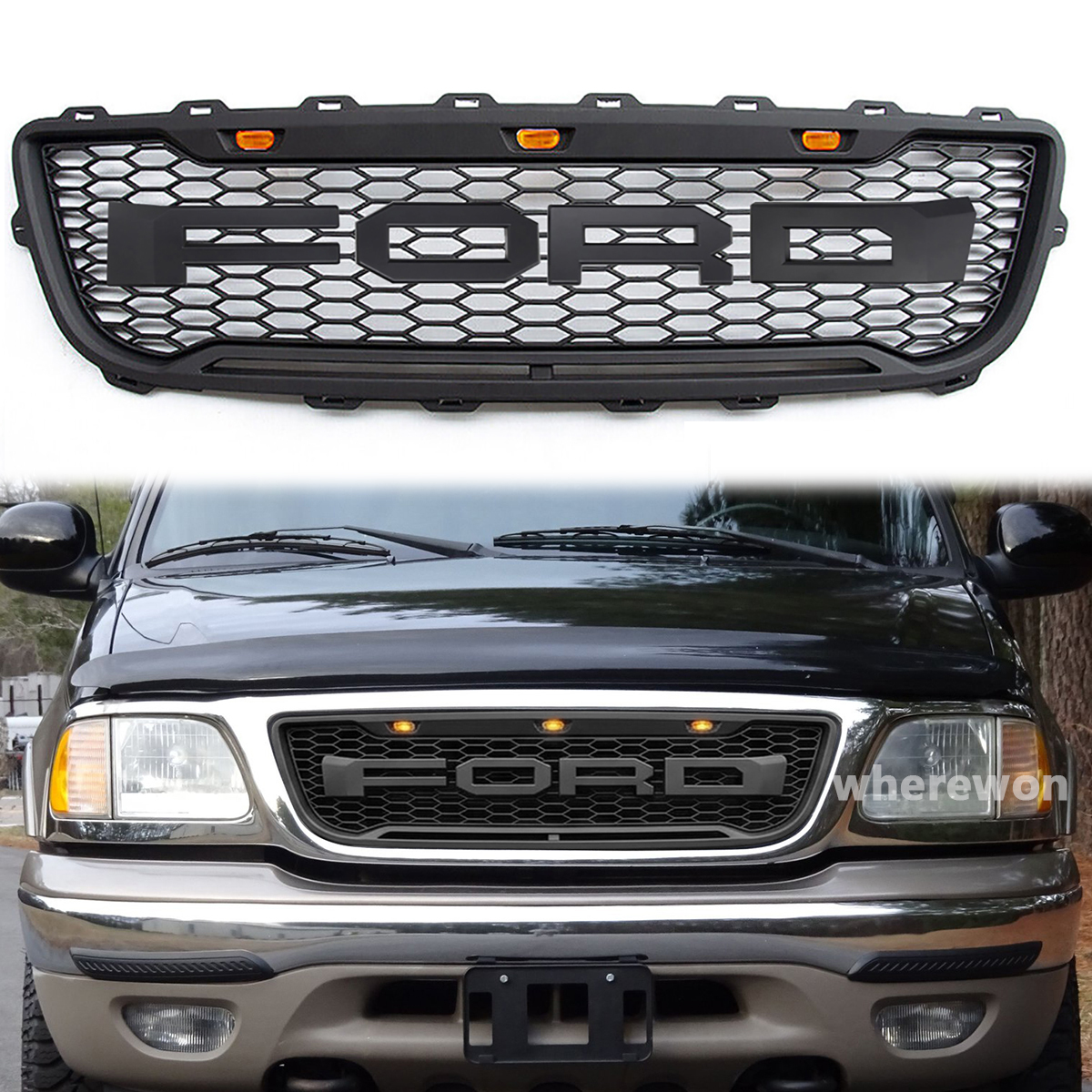 For 1999-2003 Ford F150 Grill Raptor Style Front Grille W/Letter Hood Mesh Matte Black