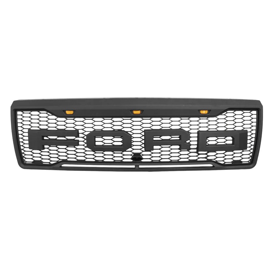 Front Grille For 1992-1996 Ford F150 Bronco Grill With LED Light & Letters Matte Black