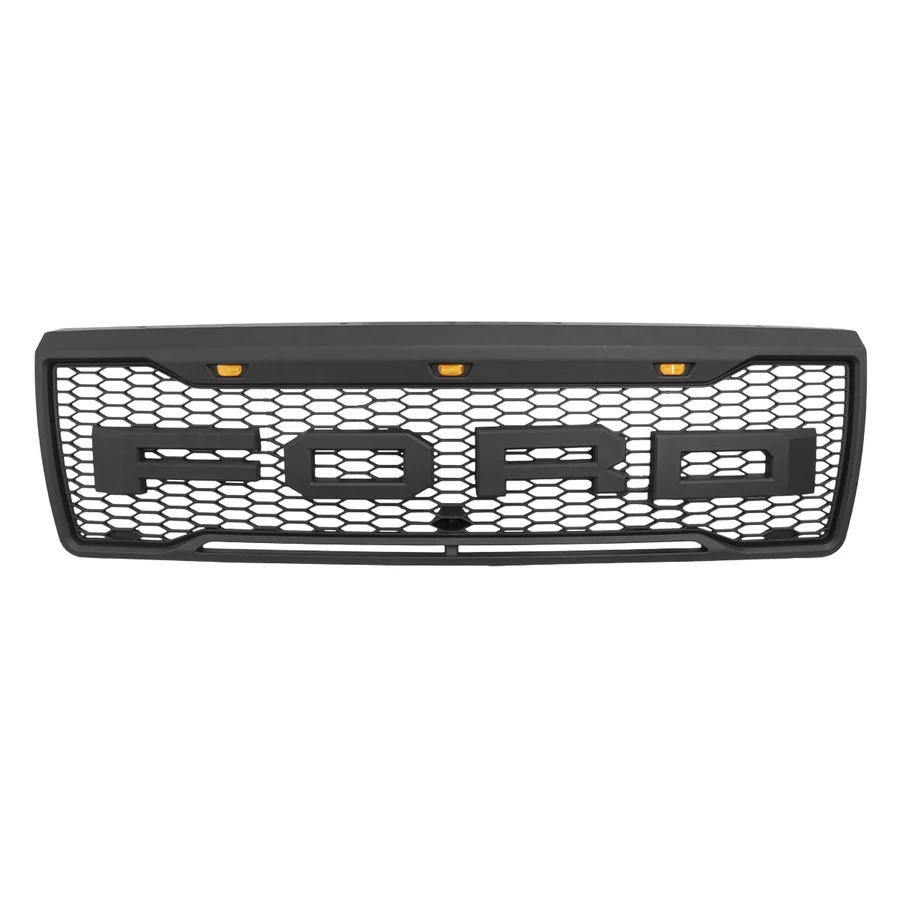 Front Grille For 1992-1996 Ford F150 Bronco Grill With LED Light & Letters Matte Black