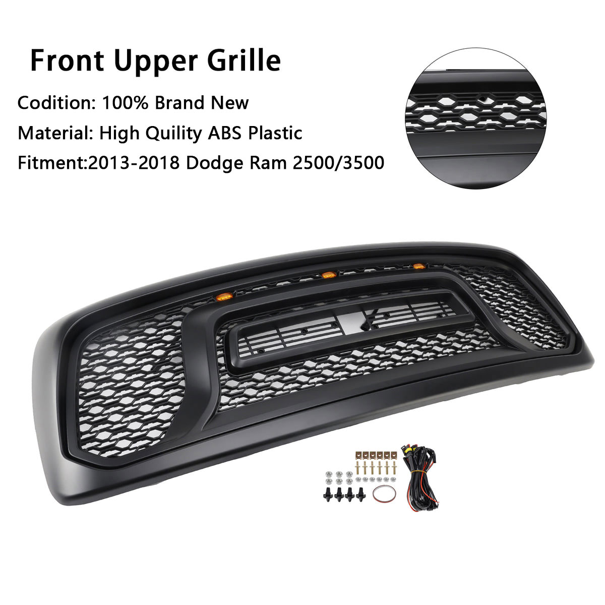 For 2013-2018 Dodge Ram 2500 3500 Front Grille Rebel Style Grill W/ LED Light