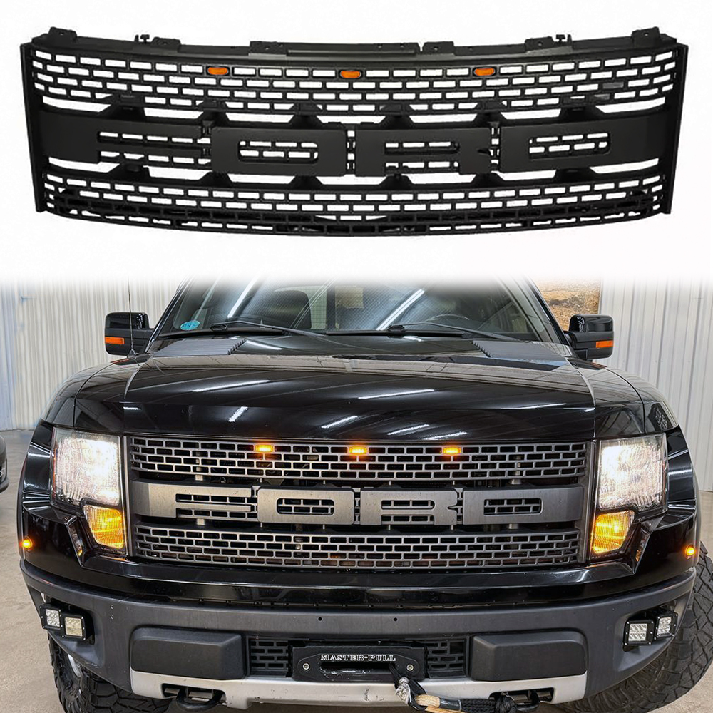 Front Grille For 2010 2011 2012 2013 2014 Ford F150 SVT Raptor Grill Black Pearl Mesh with Amber LED Light