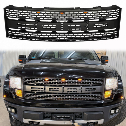Front Grille For 2010 2011 2012 2013 2014 Ford F150 SVT Raptor Grill Black Pearl Mesh with Amber LED Light