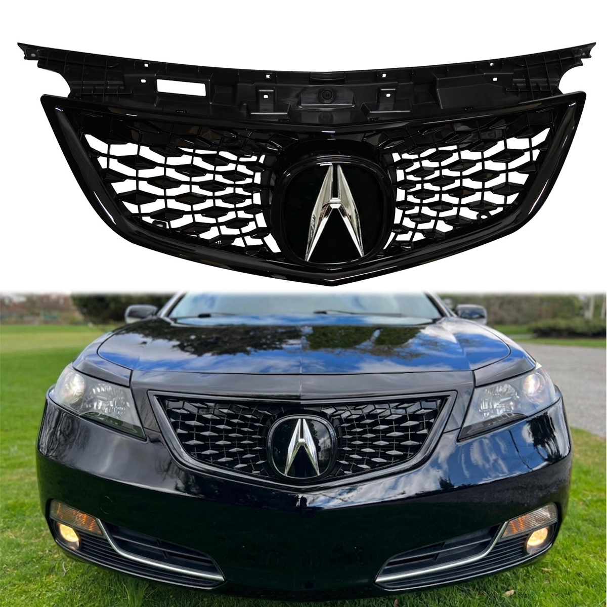 For 2012-2014 Acura TL Front Grille Gloss Black Grill with Emblem