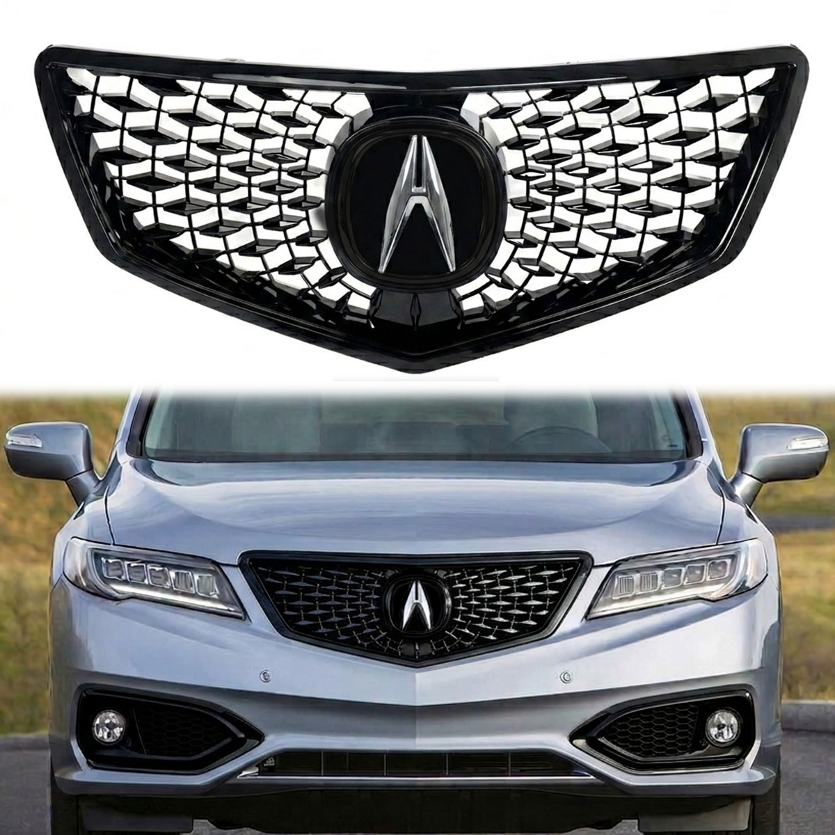 For 2016-2018 Honda Acura RDX Front Grille Gloss Black Grill with Emblem