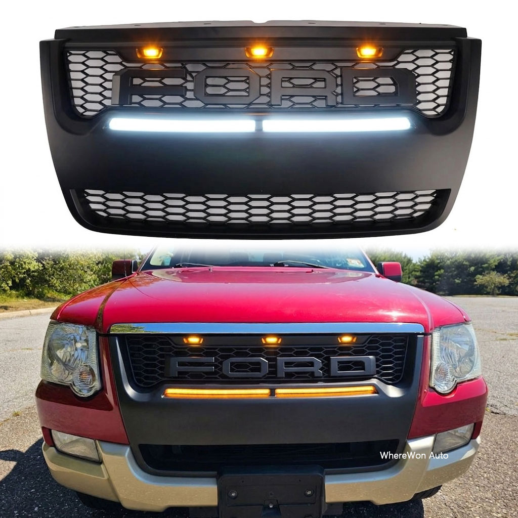 For Ford Explorer 2006-2010 Grill Matte Black Front Grille with Light Bar & Letters 