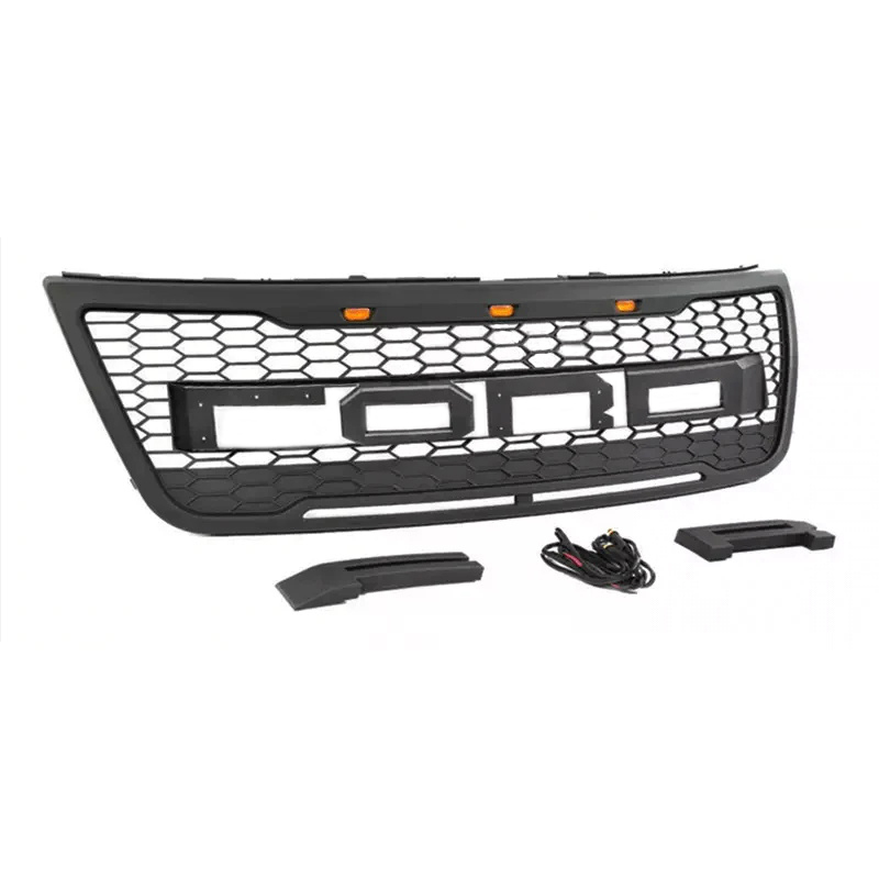 Front Bumper Grill For Ford Explorer 2011-2015 Grille W/ Letters & LED Lights Matte Black