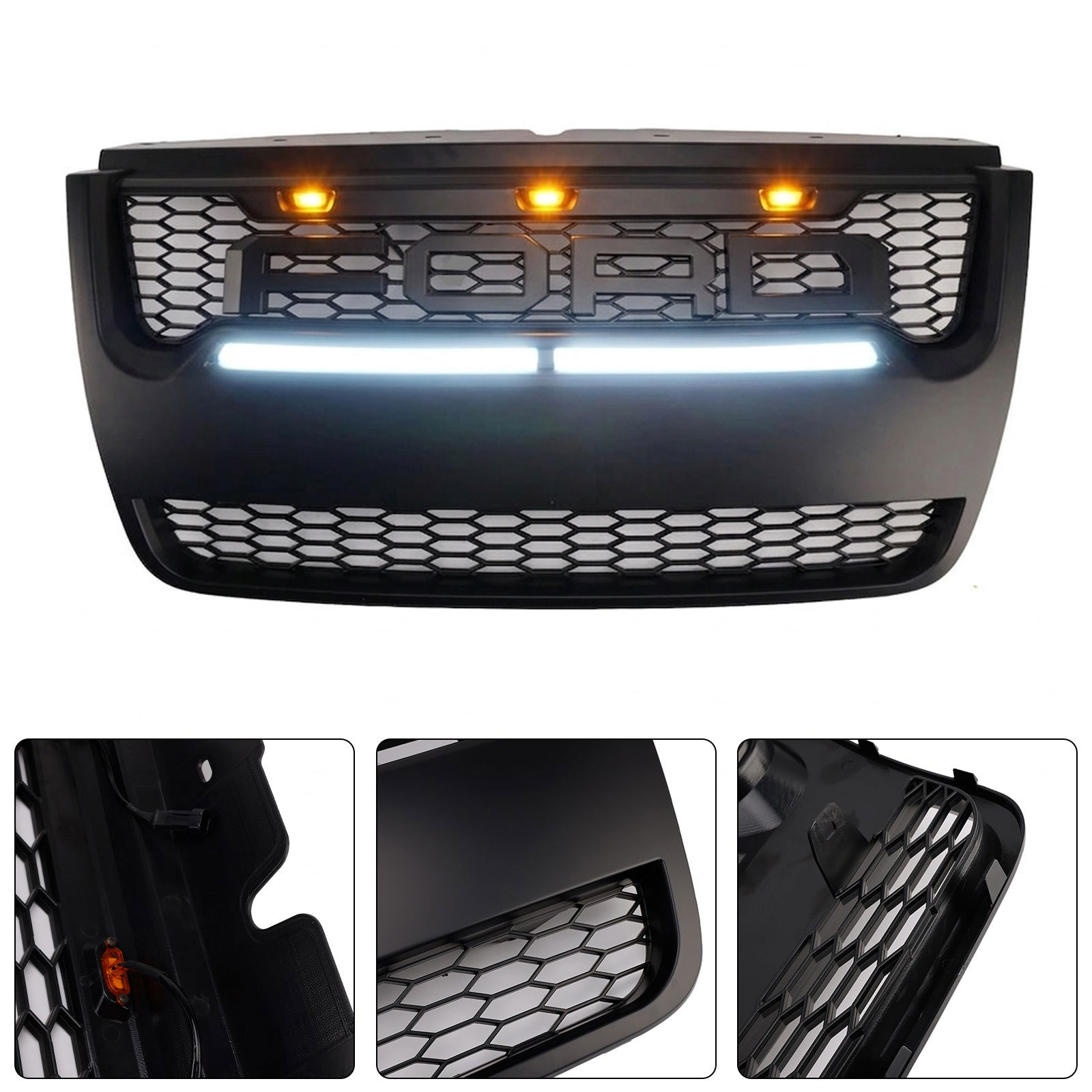 For Ford Explorer 2006-2010 Grill Matte Black Front Grille with Light Bar & Letters 