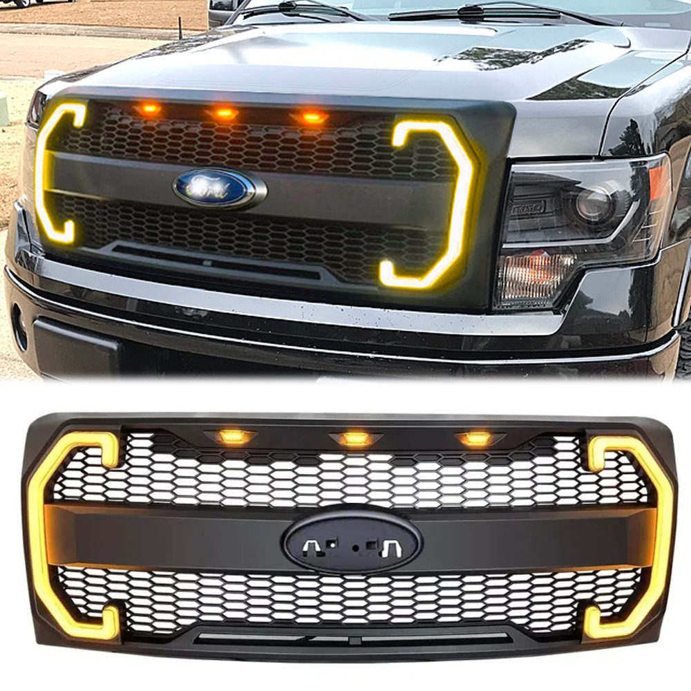 Front Raptor Style Grille For 2009-2014 Ford F150 Grill Mesh with LED+ Turn Light