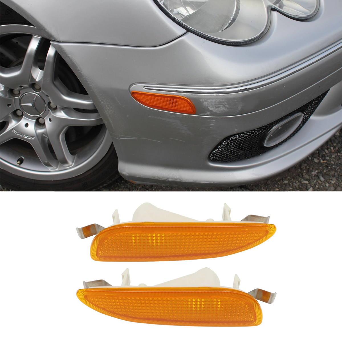 Front Bumper Amber Side Marker Light Cover For 2003-2009 Mercedes Benz CLK320 CLK350 CLK500 