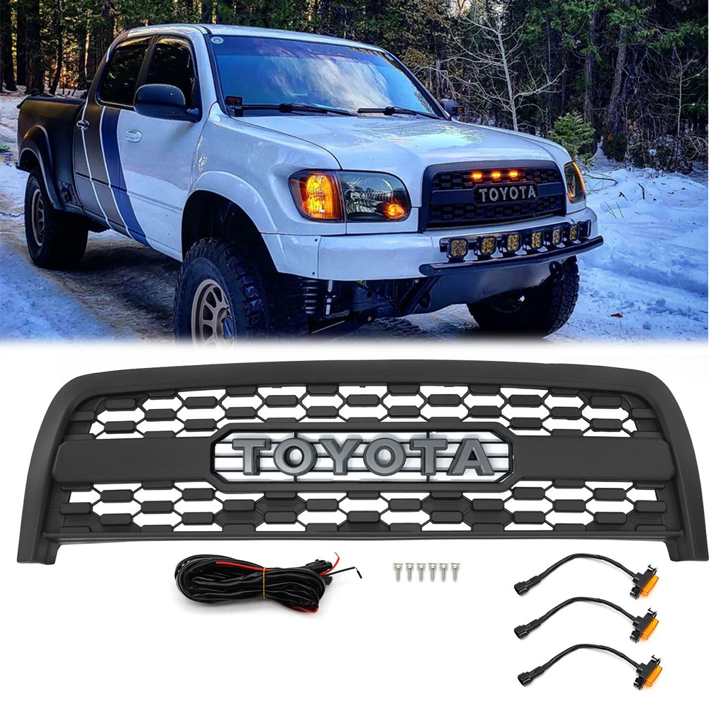 Front Grille For 2003-2006 Toyota Tundra Grill W/LED Lights and Letters Matte Black