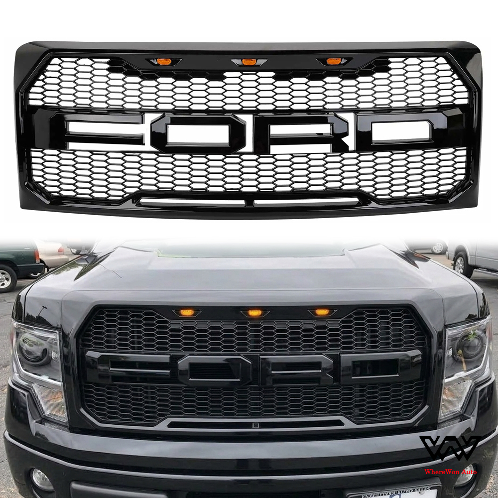 Front Grille For 2009-2014 Ford F150 Raptor Style Grill with Amber LED Light Glossy Black