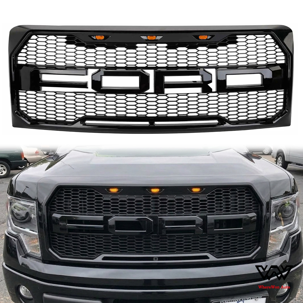 Front Grille For 2009-2014 Ford F150 Raptor Style Grill with Amber LED Light Glossy Black