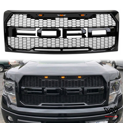 Front Grille For 2009-2014 Ford F150 Raptor Style Grill with Amber LED Light Glossy Black