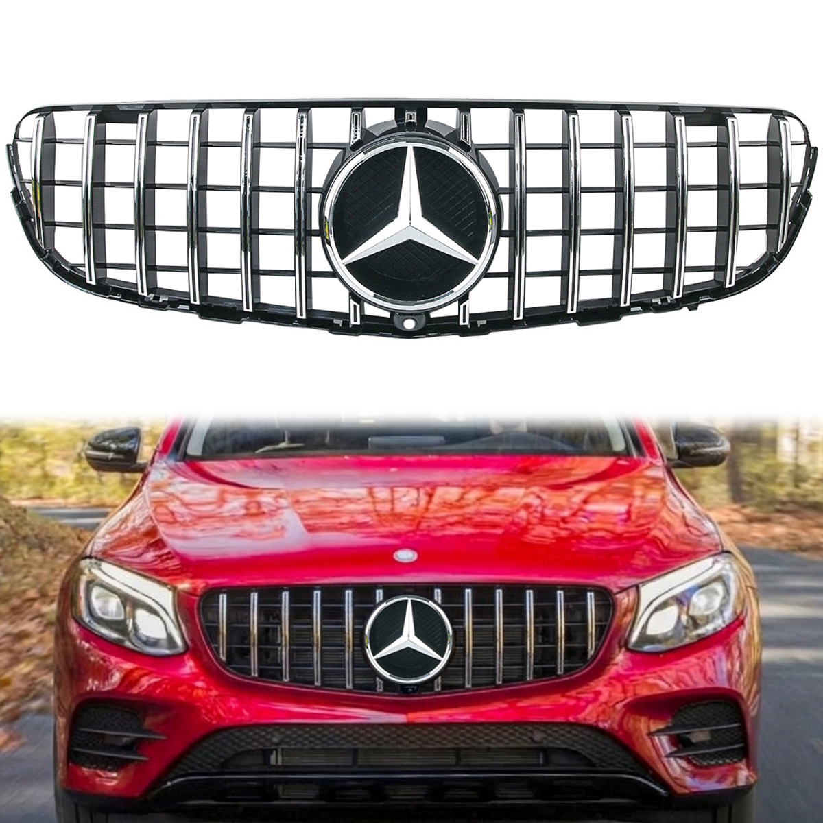 GTR Style Grill For 2015-2019 Mercedes Benz X253 GLC-CLASS GLC300 GLC43 Grille W/ Emblem 