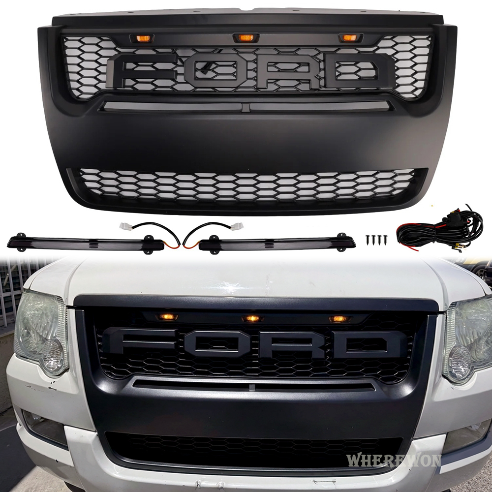 Front Grille For Ford Explorer 2006-2010 with LED Light & Letters Matte Black