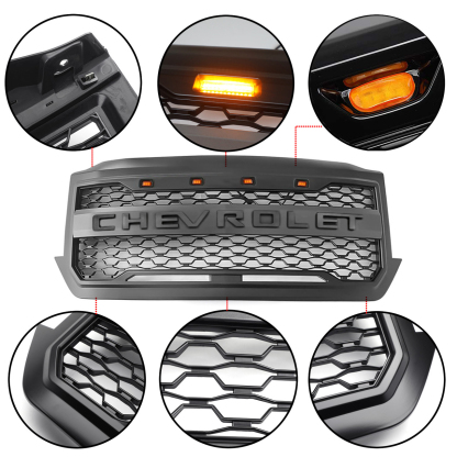 For 2016 2017 2018 Chevrolet Silverado 1500 Front Grille Upper Grill with LED Light Matte Black