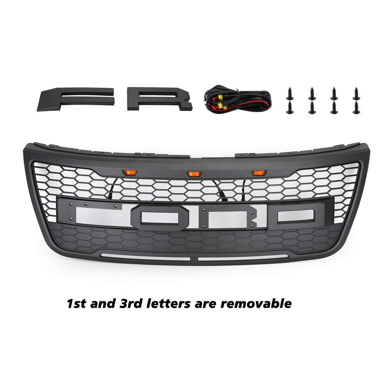 Front Bumper Grill For Ford Explorer 2011-2015 Grille W/ Letters & LED Lights Matte Black