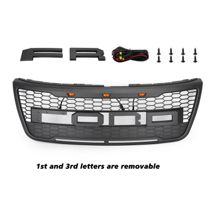 Front Bumper Grill For Ford Explorer 2011-2015 Grille W/ Letters & LED Lights Matte Black