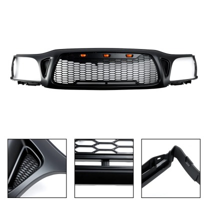 Front Grille For Toyota Tacoma 2001 2002 2003 2004 Honeycomb Style Grill Mesh with LED Lights Matte Black