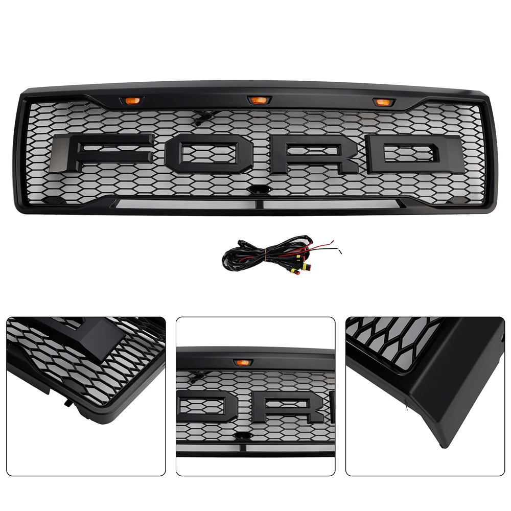 Front Grille For 1992-1996 Ford F150 Bronco Grill With LED Light & Letters Matte Black