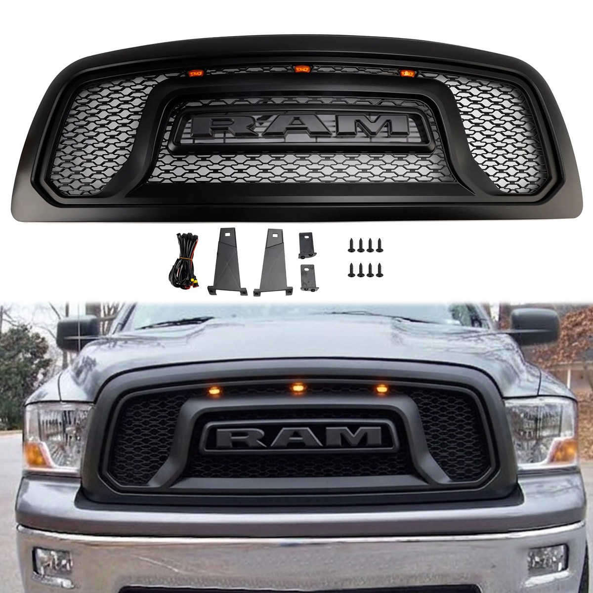 For 2009 2010 2011 2012 Dodge Ram 1500 Front Grille Rebel Style Grill with LED Light & Letter