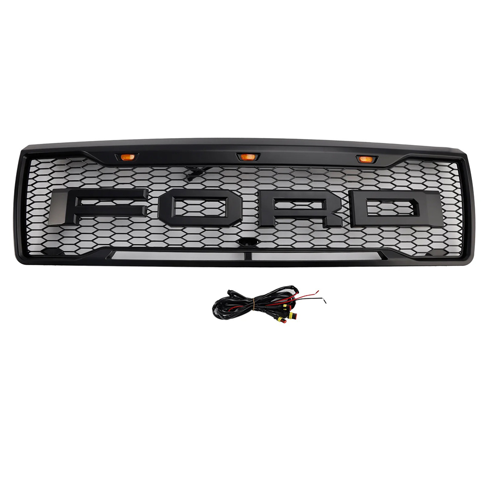 Front Grille For 1992-1996 Ford F150 Bronco Grill With LED Light & Letters Matte Black