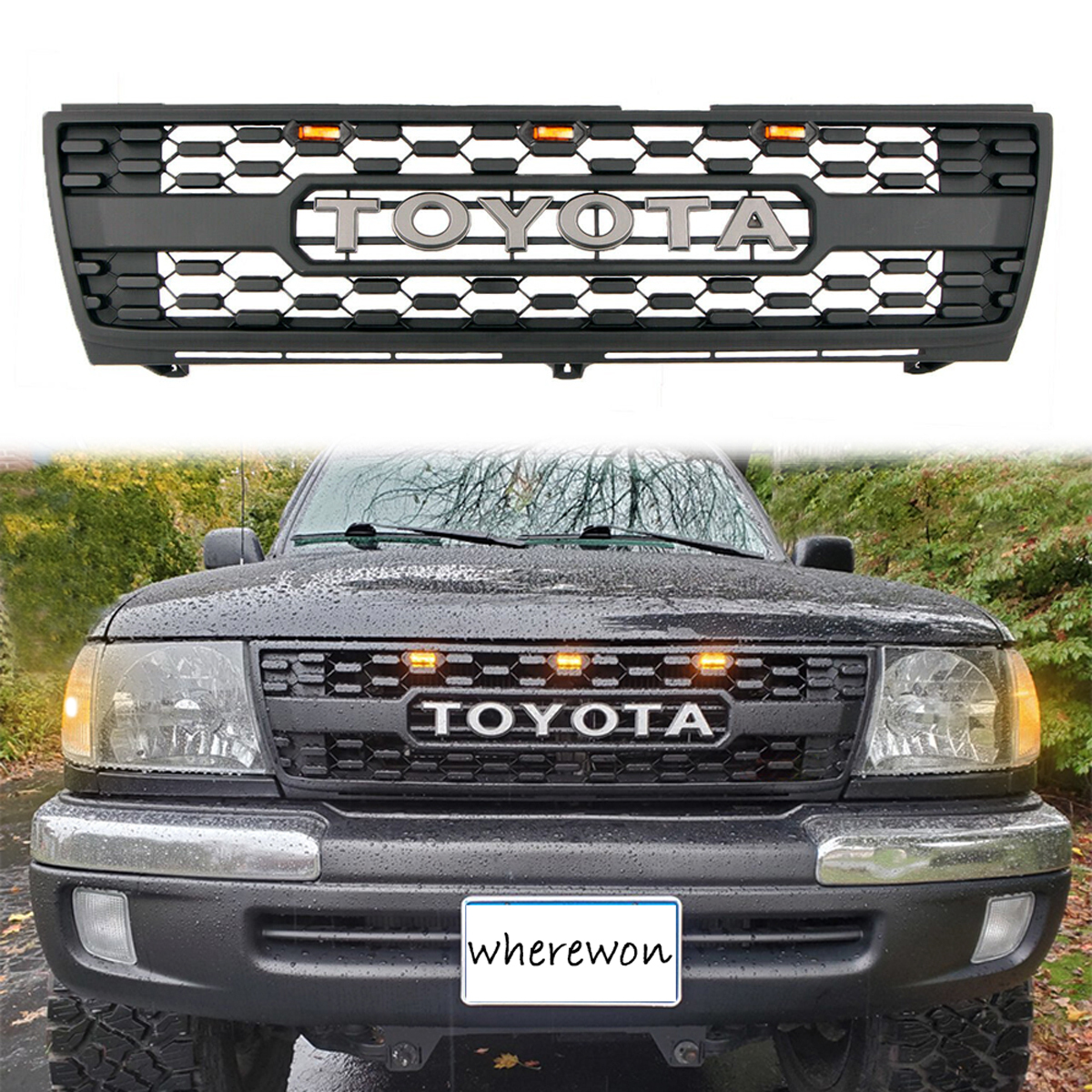 Front Grille For Tacoma 1997-2000 Grill Bumper Mesh w/LED lights w/Letter Matte Black