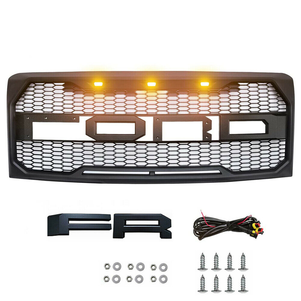 For 2009-2014 Ford F150 Raptor Style Front Bumper Grille Hood Grill Matte Black