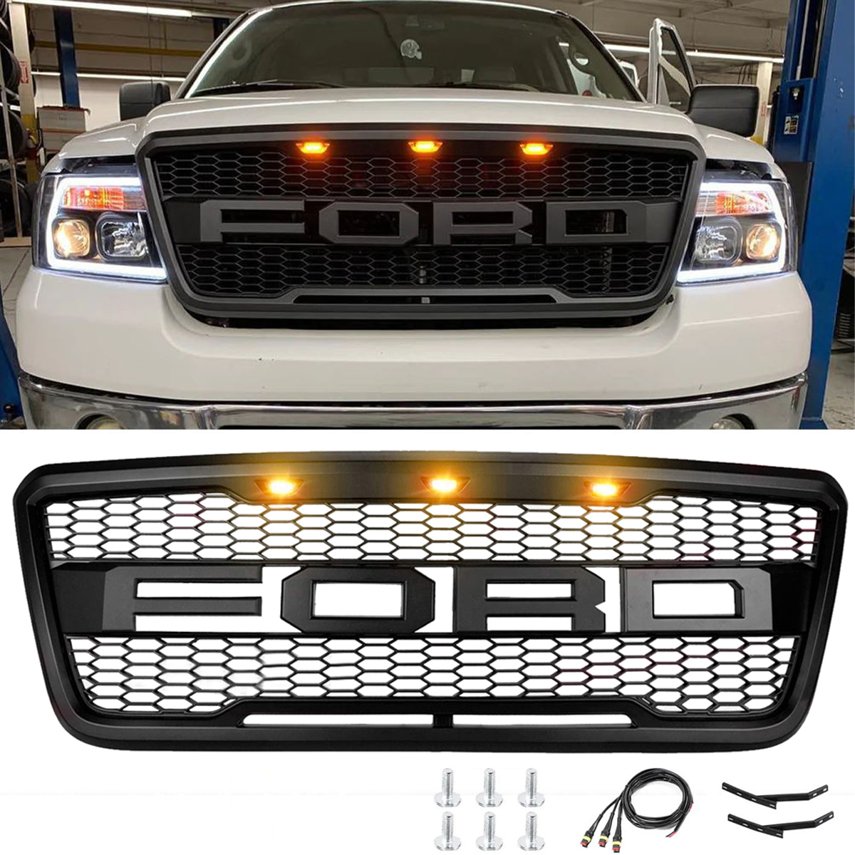 For 2004-2008 Ford F150 Raptor Style Grill Front Grille Bumper Hood Mesh w/ LED