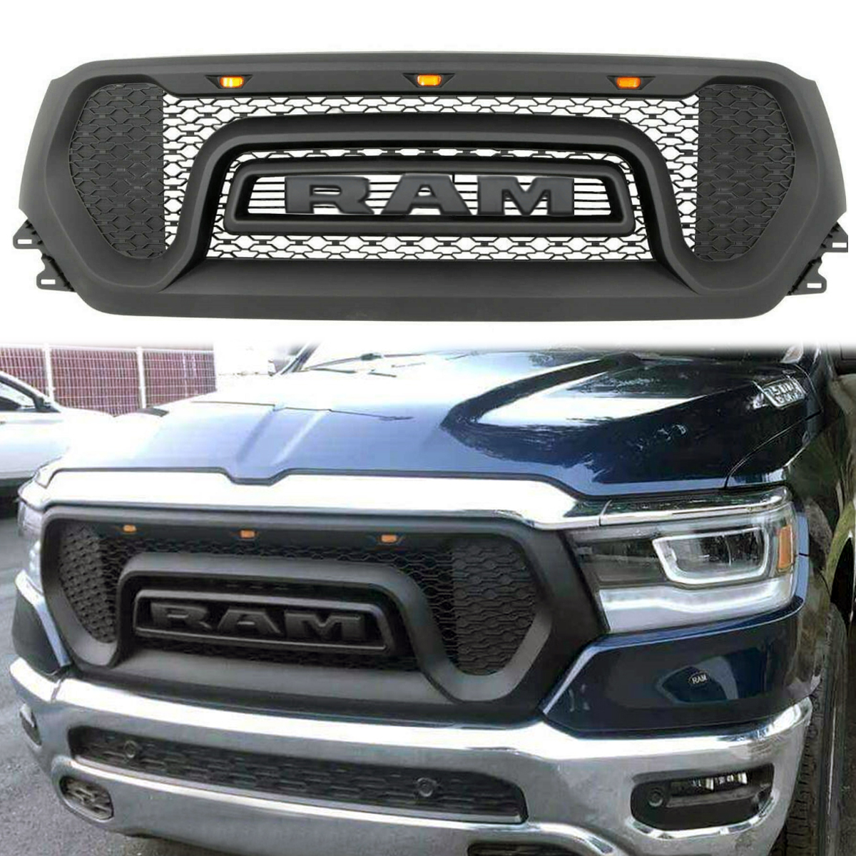 For 2019 2020 2021 Dodge Ram 1500 Rebel Style Front Grill Grille w/ Letter & LED Light