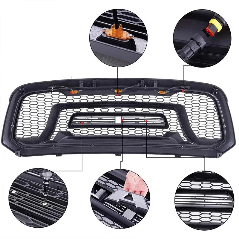 thumbnail image 2 of Front Bumper Grille For 2013-2018 Dodge Ram 1500 – Rebel Style, Black Mesh With LED & Letters 2 of 5