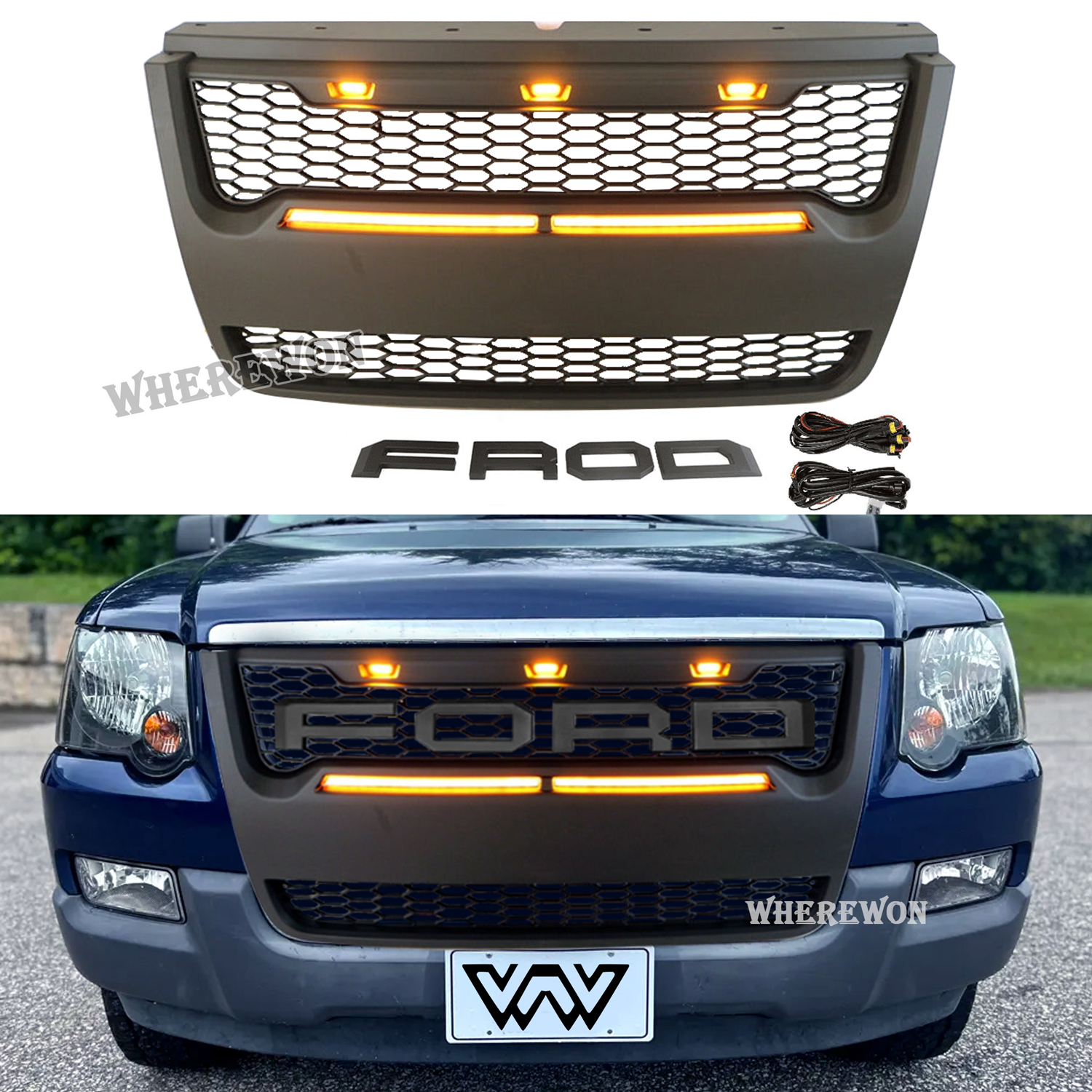 For Ford Explorer 2006-2010 Grill Matte Black Front Grille with Light Bar & Letters 