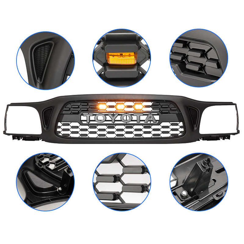 Front Grille For Tacoma 2001-2004 Grill Bumper Mesh w/LED Lights w/Letter Matte Black