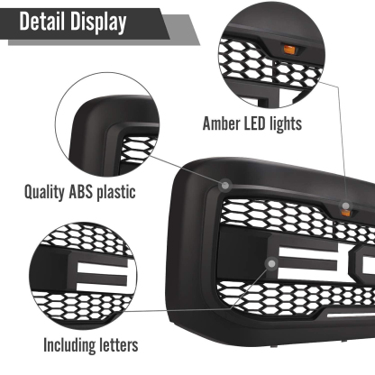 Front Grille For 1999-2004 Ford F250 F350 Super Duty Raptor Style Grill w/ LED Matte Black