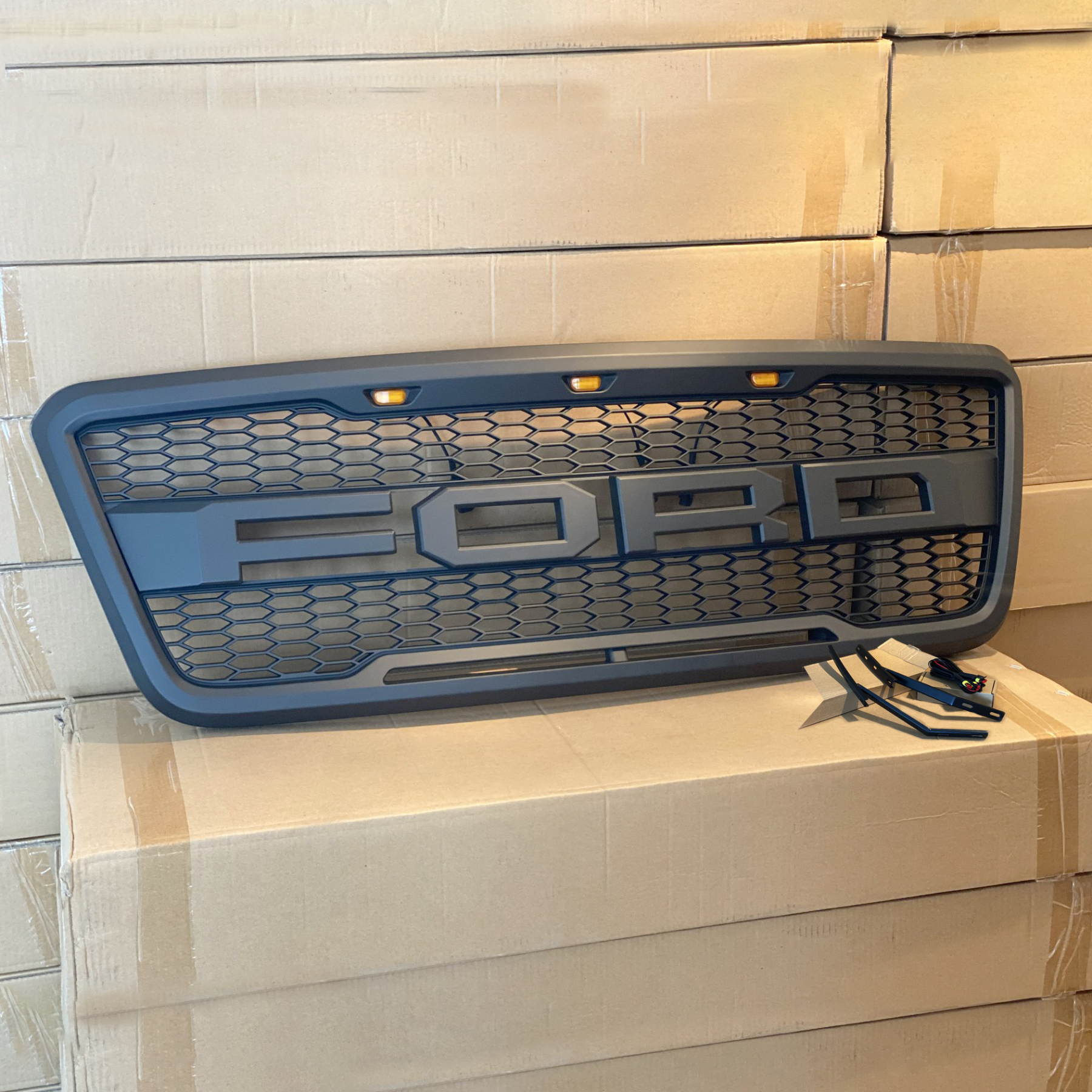 For Ford F150 2004-2008 Grill Raptor Style Front Grille with LED Light & Letter Matte Black 