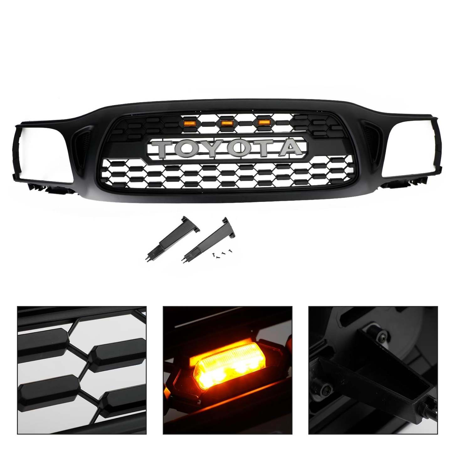 Front Grille For Tacoma 2001-2004 Grill Bumper Mesh w/LED Lights w/Letter Matte Black