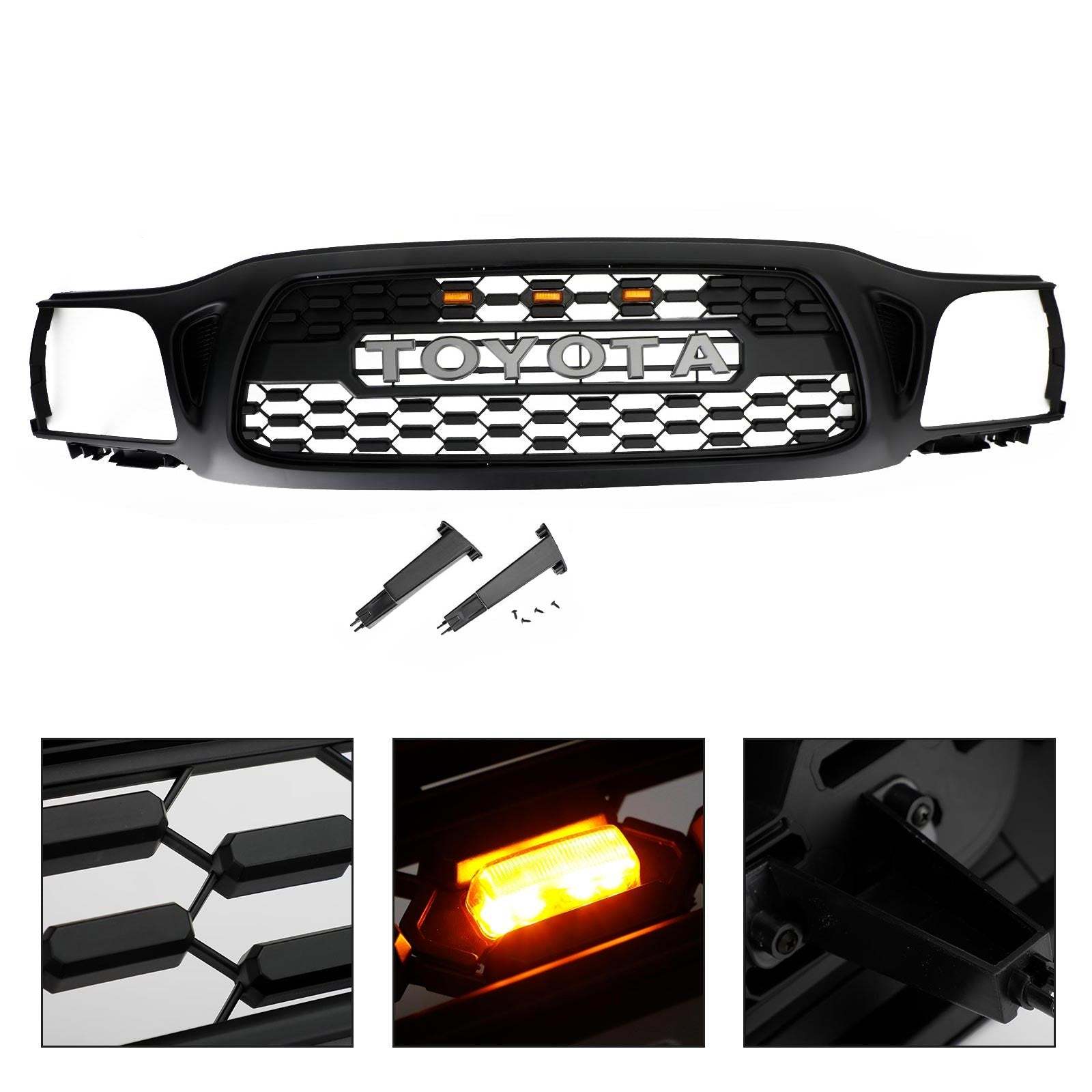 Front Grille For Tacoma 2001-2004 Grill Bumper Mesh w/LED Lights w/Letter Matte Black