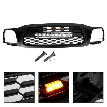 Front Grille For Tacoma 2001-2004 Grill Bumper Mesh w/LED Lights w/Letter Matte Black