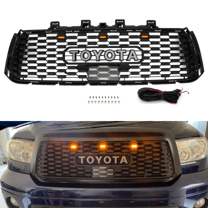 For 2010-2013 Toyota Tundra TRD PRO Front Bumper Grille Grill W/ LED Lights Matte Black
