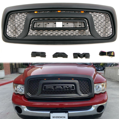 Front Grille For 2002-2005 Dodge RAM 1500 Rebel Style Grill w/ Letters & LED Light Matte Black