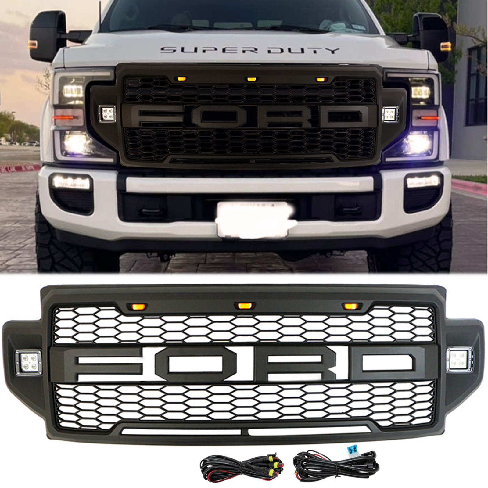 For 2020 2021 2022 Ford F250 F350 Super Duty Grill Raptor Style Front Grille W/ LED Lights Matte Black