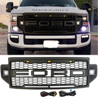 For 2020 2021 2022 Ford F250 F350 Super Duty Grill Raptor Style Front Grille W/ LED Lights Matte Black